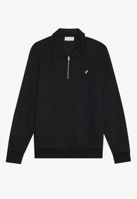 Pullover nero con collo zip, realizzato in tessuto testurizzato. Presenta un colletto piatto e un piccolo logo dorato a forma di uccello sul petto.