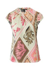 Kurzärmlige Bluse aus einem weichen Stoff mit einem Blumen- und geometrischen Muster in rosa, grün, braun und cremefarbenen Tönen, gerafftem Ausschnitt.