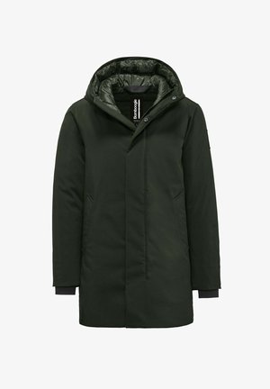 Parka giacca verde scuro, con cappuccio, chiusura frontale con zip, tasche laterali e polsini a coste. Esterno liscio e fodera interna trapuntata.