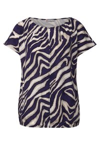 Maglietta a maniche corte con stampa zebra in viola e crema, realizzata in tessuto leggero, con scollatura rotonda e dettagli plissettati nella parte anteriore.