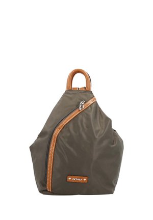 Brown triangular-shaped backpack with tan leather trim, diagonal zipper pocket, top handle, and Picard logo patch on the front.
