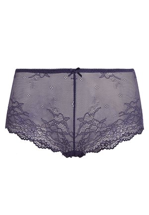 Boyshorts in pizzo di un profondo viola, con motivi floreali e un bordo scallopato. Presentano un fiocco decorativo al centro nella parte frontale.