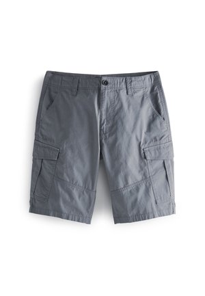 Gray cotton cargo shorts with multiple pockets, straight cut, and a button closure at the waist. Slightly wrinkled texture.