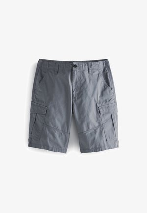 Graue Baumwoll-Cargoshorts mit mehreren Taschen, geradem Schnitt und Knopfverschluss an der Taille. Leicht zerknitterte Textur.