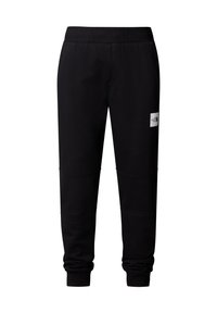 Czarne dresy z miękkiego materiału o zwężającym się kroju, z prążkowanym paskiem w talii i małą naszywką logo z przodu.