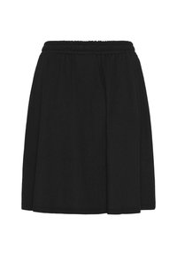 Jupe noire avec une taille élastique, fabriquée en tissu doux et texturé. Présente une silhouette évasée avec une coupe à hauteur des genoux.