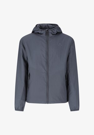 Dunkelgraue leichte Kapuzenjacke mit Frontreißverschluss, elastischen Bündchen und seitlichen Reißverschlusstaschen, flach liegend vor weißem Hintergrund dargestellt.