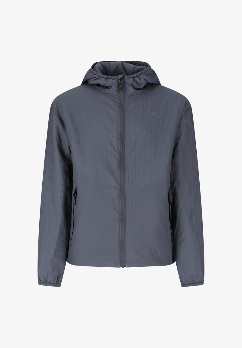 Mørkegrå letvægts hættetrøje med frontlynlås, elastiske manchetter og lynlåslommer på siden, vist fladt mod en hvid baggrund.