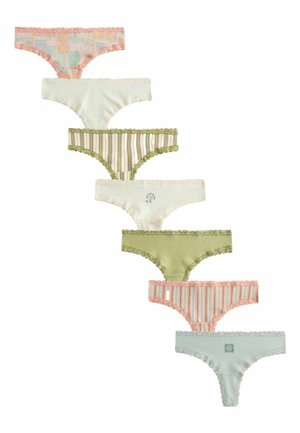 Siedem damskich majtek bikini z koronkową lamówką w pastelowych kolorach i różnych wzorach, ułożonych pionowo na białym tle.