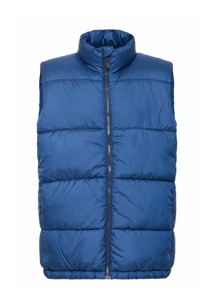 Polstret blå vest med høy krage, glidelås foran og quiltet tekstur. Har horisontale sømmer for isolasjon.