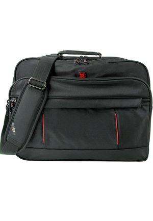 Sacoche d'ordinateur portable noire texturée avec bandoulière réglable, poches à fermeture éclair à l'avant et détails d'accentuation rouges sur fond blanc.