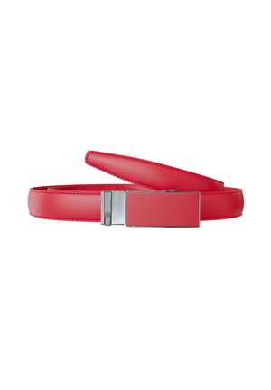 Red leather belt with a rectangular silver buckle, coiled on a white background.
