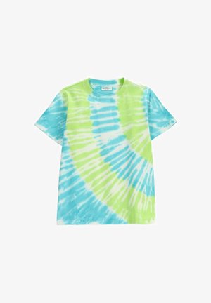 Bawełniany T-shirt z krótkim rękawem, z zielono-niebieskim spiralnym wzorem tie-dye i okrągłym dekoltem.