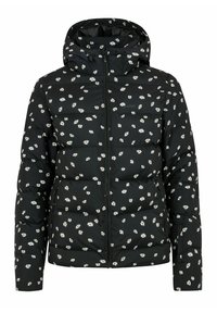 Schwarze Daunenjacke mit Kapuze, verziert mit einem Blumenmuster aus weißen und rosa Gänseblümchen, mit Reißverschluss und gestepptem Material für zusätzliche Isolierung.