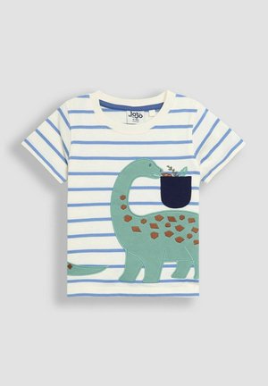Tričko s krátkým rukávem modro-bílými pruhy, s grafikou zeleného dinosaura, námořnickou kapsou a hnědými skvrnami. Vyrobeno z bavlny.