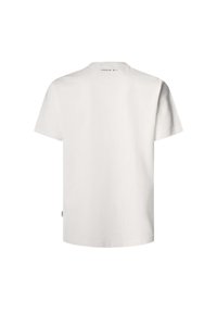 Camiseta de algodón blanca, de manga corta, con cuello redondo, diseño liso, que presenta una pequeña impresión "LONDON W11" en la parte posterior cerca del escote.