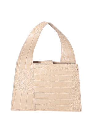 Beige rechthoekige handtas met krokodillenprint en brede handgreep, gestructureerd en compact, geschikt om over de schouder te dragen.