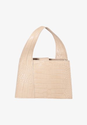 Sac à main rectangulaire beige avec texture crocodile et poignée large, structuré et compact, adapté au port à l'épaule.