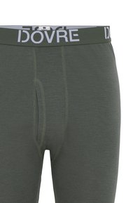 Mørkegrøn herreundertøj med en grå elastisk talje, der har mærkenavnet "DOVRE" i fed skrift. Glat stof, funktionel frontåbning.