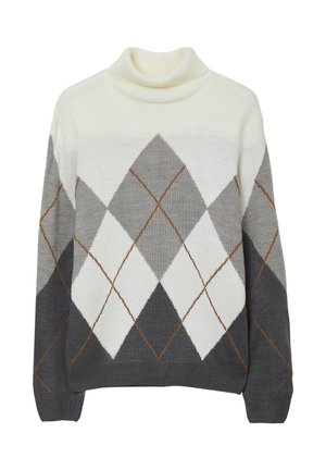Maglione a collo alto con motivo argyle in crema, grigio e grigio scuro, caratterizzato da orli e polsini a coste, con contorni di diamanti arancioni a contrasto.