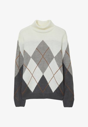 Maglione a collo alto con motivo argyle in crema, grigio e grigio scuro, caratterizzato da orli e polsini a coste, con contorni di diamanti arancioni a contrasto.