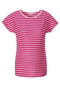 Camiseta de rayas rosas y blancas con mangas cortas y escote redondo, hecha de suave tela de algodón, con un ajuste relajado.