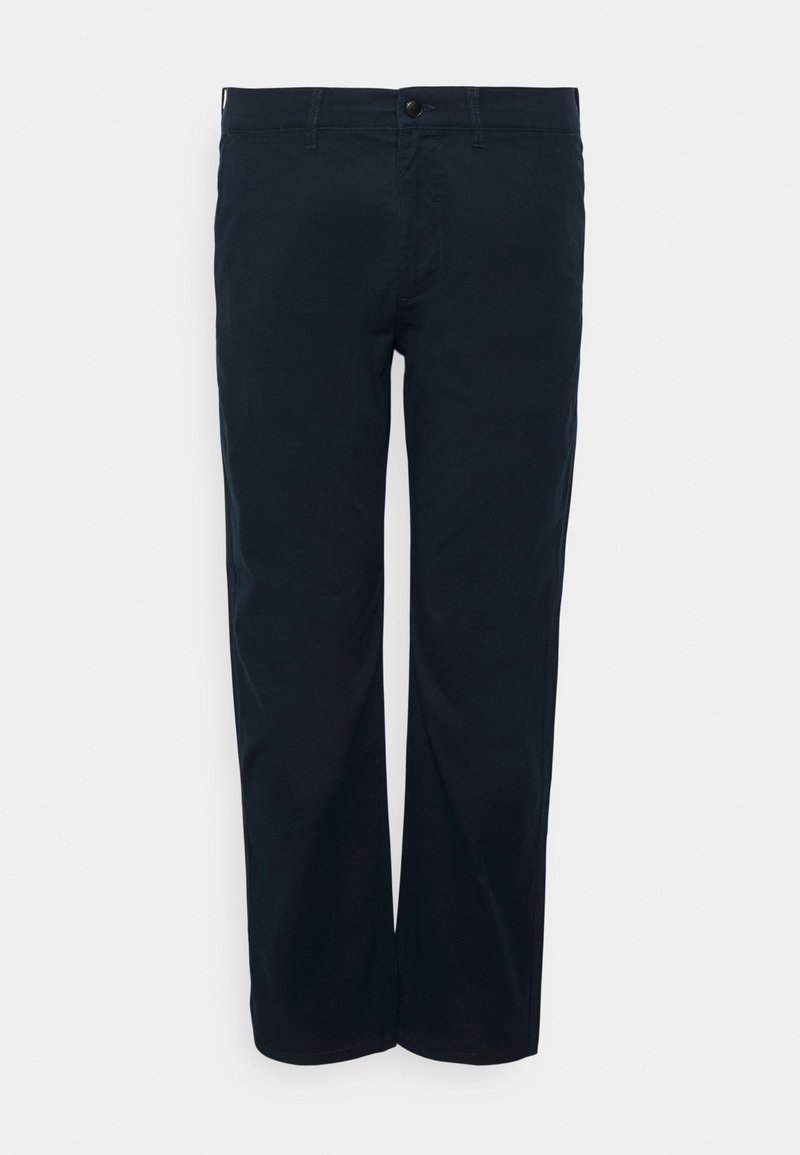 Pantaloni blu navy scuro in misto cotone, con design a gamba dritta, chiusura con bottone e passanti per cintura standard.