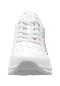 White athletic shoe with a smooth leather upper, featuring colorful floral patterns on the side, perforated detailing on the toe, and laces.