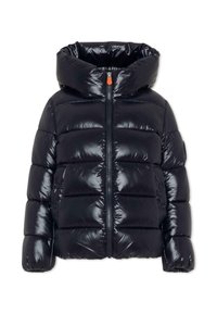 Doudoune noire avec une finition brillante, capuche et fermeture frontale zippée. Comprend des coutures en boudin et des poignets élastiques.