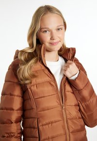 Geacă puffer maro cu fermoar frontal, glugă și design matlasat. Prevăzută cu o textură netedă și lucioasă și manșete elastice.
