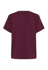 T-shirt à manches courtes en bordeaux foncé, fabriqué en tissu doux, avec un col rond et une coupe droite, ample ; sans motifs ni détails visibles.
