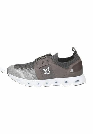 Gray sneaker with mesh and suede materials, lace-up design, white rubber sole, hexagonal cutouts, and logo detail on the side.