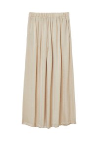 Beige weit geschnittene Hosen aus leichtem, strukturiertem Stoff mit einem gerafften Taillenbund und fließender Silhouette. Keine sichtbaren Verschlüsse oder Taschen.