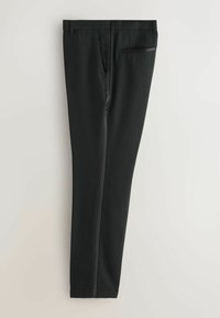 Pantalon noir en tissu texturé, coupe droite, poches latérales et une poche arrière unique au design épuré.