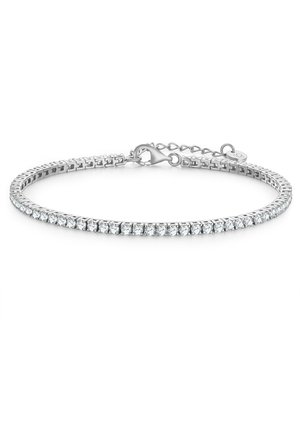 Silbernes Armband mit einer Reihe klarer, runder Kristalle, die in einem flexiblen Band eingesetzt sind. Enthält einen Karabinerverschluss und eine Verlängerungskette zur Anpassung.