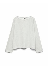 Gai pelēks īsais džemperis ar garām piedurknēm; mīksta, gluda tekstūra; apaļa kakla izgriezums; satur smalku heather rakstu.