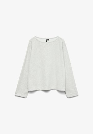 Svetlo siva skrajšana športna majica z dolgimi rokavi; mehka, gladka tekstura; okrogla ovratnica; vsebuje subtilen heather vzorec.