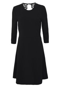 Czarna sukienka z okrągłym dekoltem, wyposażona w koronkowe akcenty z tyłu. Posiada długie rękawy i rozkloszowany dół, co zapewnia luźny krój.