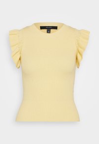 Żółty, prążkowany, bezrękawnik z falbaniastymi detalami na ramionach i okrągłym dekoltem, dopasowany krój, z metką marki wewnątrz kołnierza.