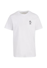 White cotton t-shirt featuring a crew neckline and short sleeves, with a small black print of a coffee cup and text on the left chest.