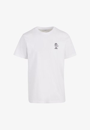 Valge puuvillane t-särk, millel on ümar kaelus ja lühikesed varrukad, vasakul rinnal on väike must trükk kohvitassi ja tekstiga.