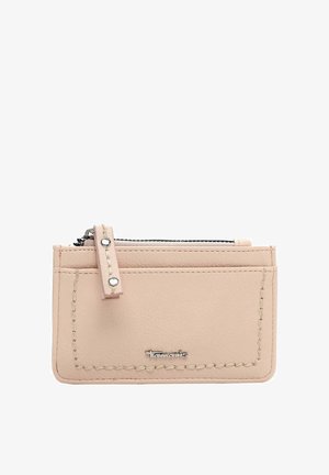 Hellrosa Lederbrieftasche mit strukturierter Oberfläche, einem Reißverschlussfach und gesteppten Akzenten. Inklusive eines kleinen Riemens mit silbernem Druckknopf.