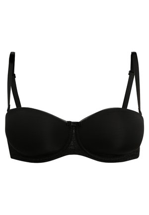 Reggiseno imbottito nero con coppe modellate, dettagli in pizzo lungo la fascia, spalline regolabili e chiusura con gancetto e asola sul retro.