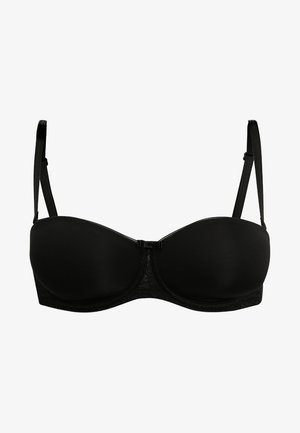 Mustassa pehmustetussa tuetussa rintaliivissä on muotoiltuja kuppeja, pitsikoristelu vyön varrella, säädettävät olkaimet ja hakasuljenta selässä.