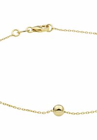 Kuldne kettbracelet, mille keskel on ümmargune helmes, lõksulukk ja peened lingid, luues õrna välimuse.