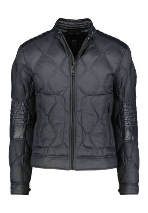 Marineblaue gesteppte Jacke mit hohem Kragen, Schulterakzenten, Reißverschluss und zwei vorderen Taschen mit gerippten Details an den Ärmeln.