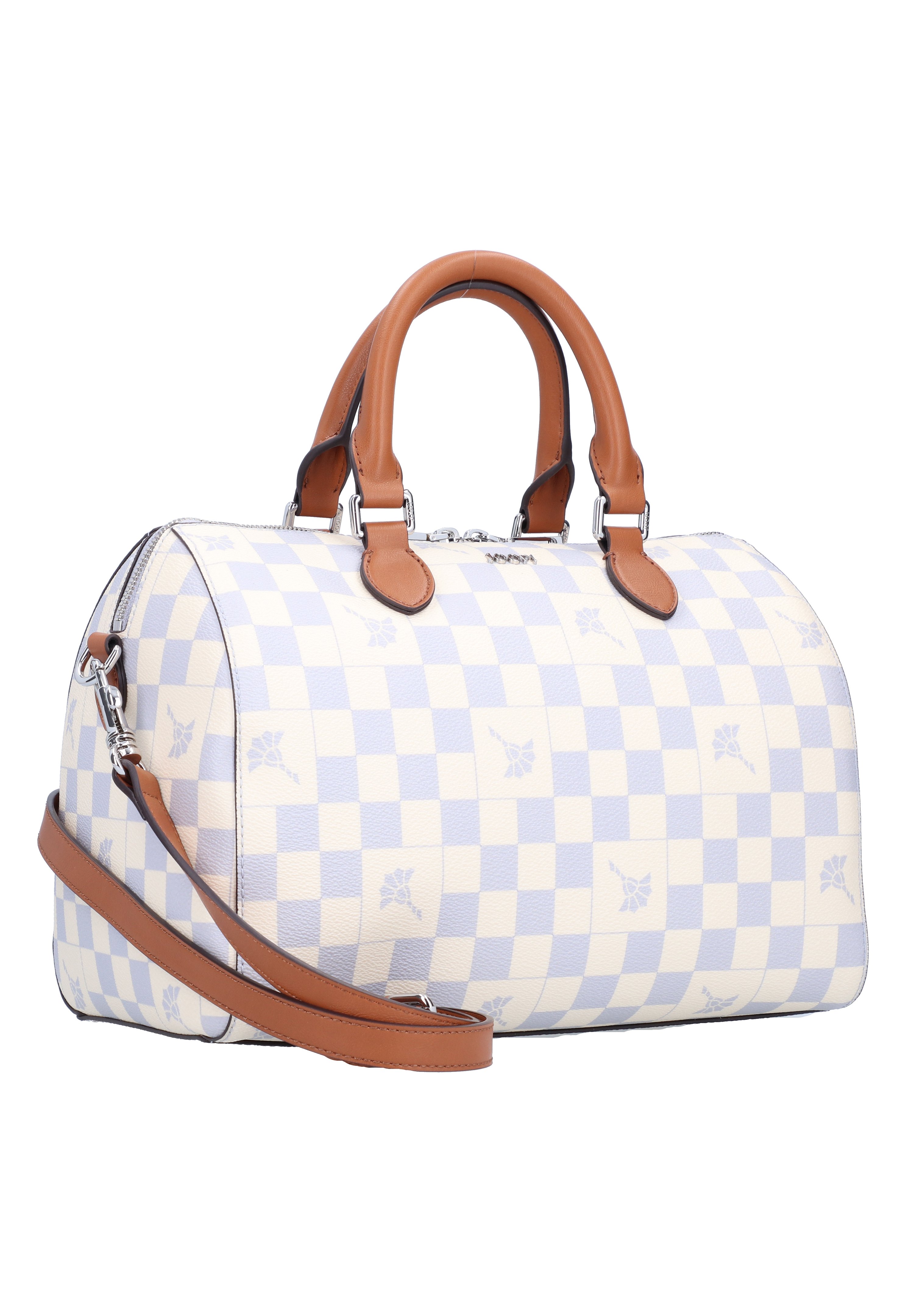 white and tan checkered purse
