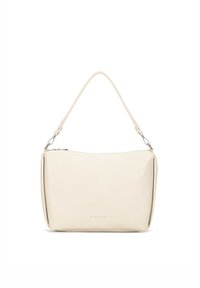 Kremowa skórzana torba na ramię z pojedynczym regulowanym paskiem, zapięciem na zamek i dyskretnym wytłoczonym logo z przodu.