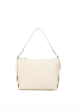 Cremfarbene Leder-Schultertasche mit einem einzelnen, verstellbaren Tragegurt, Reißverschluss und dezent eingeprägtem Markennamen auf der Vorderseite.