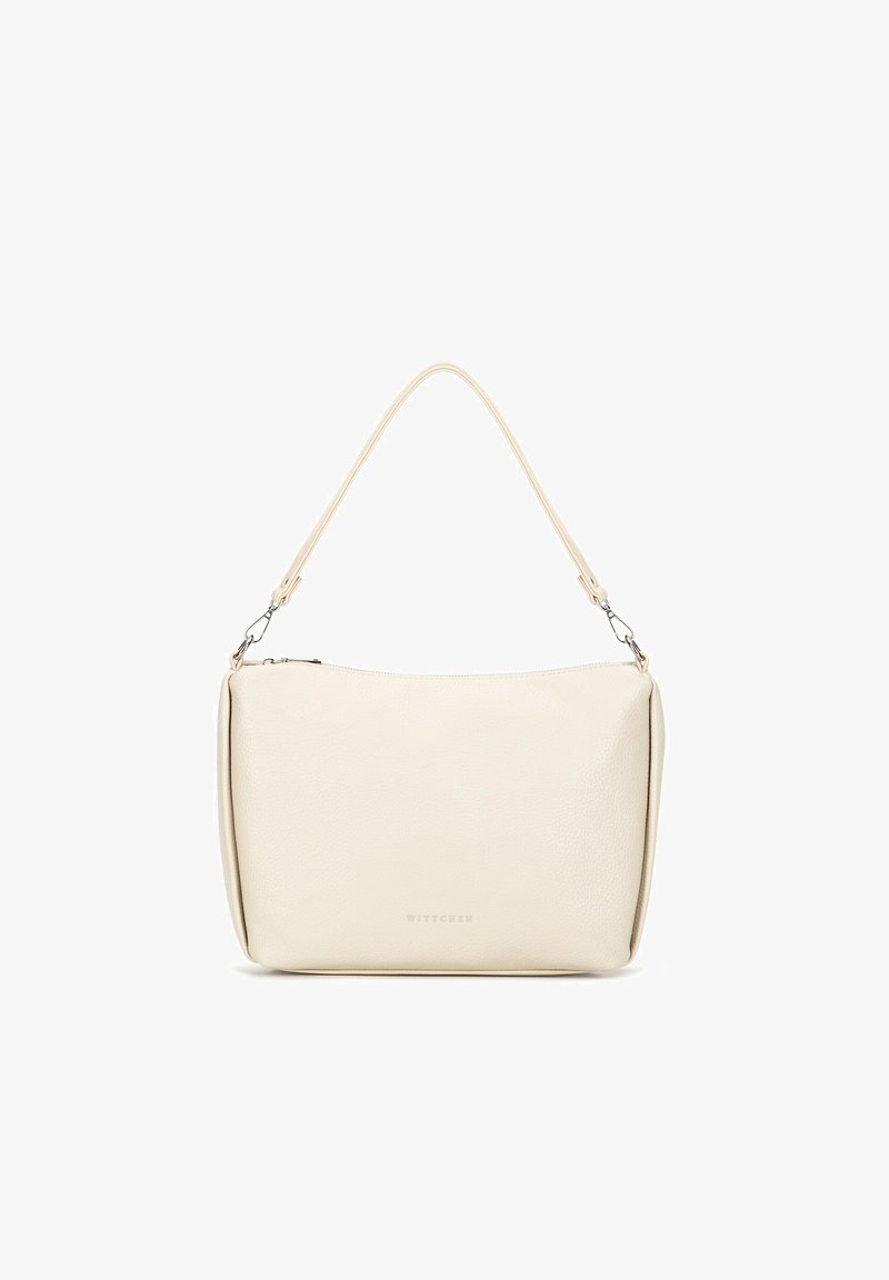 Kremowa skórzana torba na ramię z pojedynczym regulowanym paskiem, zapięciem na zamek i dyskretnym wytłoczonym logo z przodu.